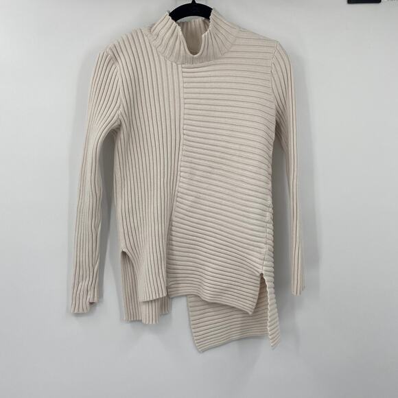 Cabi Asymmetrical D Ring Back Sweater Split Mock Neck Ribbed Pullover Cream XS - Picture 8 of 12